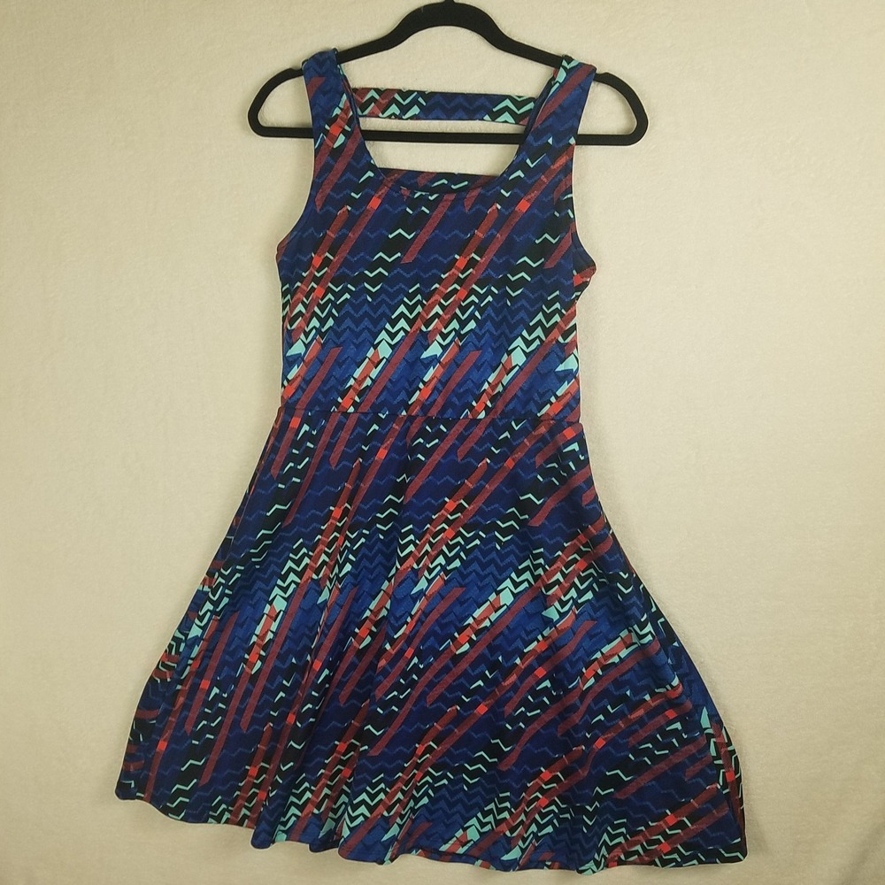 Bobeau Fit & Flare Dress Women L Blue Geometric Strappy Back Excellent‎